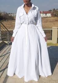 White Draped Buttons Pockets Turndown Collar Long Sleeve Casual Maxi Dress Maxi Shirt Dress Womens Maxi Dresses Vintage Maxi Dress