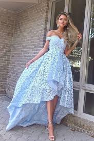 A Line Off The Shoulder Hi Low Light Blue Lace Prom Dress Pretty Dresses For Teens Blue Lace Prom Dress Prom Dresses For Teens