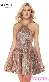 Rose Gold Short Sequin Homecoming Dress Gold Dress Short Halter Party Dress Alyce Paris Dresses