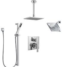 Delta Ara Chrome Shower System With Control Handle Integrated 6 Setting Diverter Showerhead Ceiling Mount Showerhead And Hand Shower Ss2496712 Shower Heads Shower Systems Chrome Shower Fixtures
