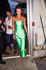 Bella Hadid In Green Strapless Deep Back Satin Cocktail Dress Strapless Cocktail Dresses Summer Cocktail Dress Bella Hadid Outfits