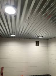 Diy Shiplap Corrugated Sheet Metal Ceiling Basement Ceiling Low Ceiling Basement Basement Ceiling Ideas Cheap