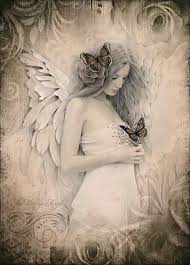 Black And White Angel Painting Or Drawing With Butterflies And Swirls Engel Tatoeage Ontwerpen Engel Tekening Engel Vleugel Tatoeages