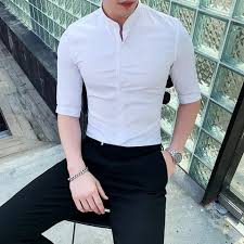 Half Sleeve Korean Style Men Slim Fit Dress Shirt White Black Blue Ban Benovafashion Slim Fit Dress Shirts Slim Fit Men Fitted Dress Shirts