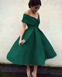 Off Shoulder Satin Evening Dress Elegant A Line Formal Prom Dress In 2020 Green Formal Dresses Tea Length Prom Dress Tea Length Homecoming Dresses