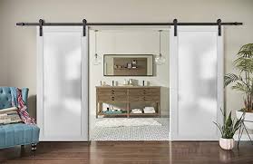 Sliding Lite Double Barn Frosted Glass Doors 72 X 84 Planum 2102 White Silk 13ft Rails Hangers Stops Ha Barn Doors Sliding Double Barn Doors Doors Interior