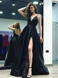 A Line Spaghetti Sraps Floor Length Black Satin Prom Dress With Split Backless Prom Dresses African Prom Dresses Prom Dresses