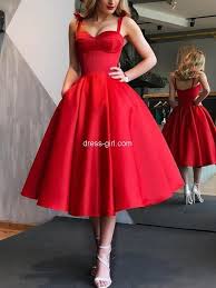Red Dress Idea Womens Knee Length Prom Dress Tea Length Prom Dress Prom Dresses With Pockets