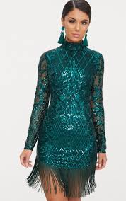 Emerald Green Sequin Long Sleeve Tassel Hem Bodycon Dress Green Sequin Dress Blue Bodycon Dress Green Cocktail Dress