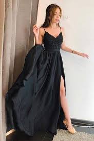 Black Spaghetti Straps V Neck Prom Dress With Lace High Split Evening Gowns In 2020 Prom Dresses Long Black Split Prom Dresses Black Prom Dresses
