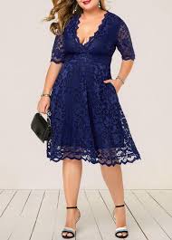 Plus Size High Waist Navy Blue Lace Dress Liligal Com Usd 32 50 Blue Dress Outfits Blue Plus Size Dresses Lace Blue Dress