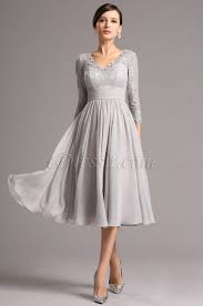 Long Lace Sleeves Plunging Neck Grey Tea Length Dress 26160108 Tea Length Bridesmaid Dresses Tea Length Formal Dresses Tea Length Dresses