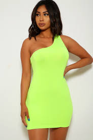 Neon Lime One Shoulder Bodycon Party Dress Neon Dresses Bodycon Dress Parties Cocktail Dresses With Sleeves
