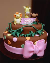 Baby Shower Jungle Themed Baby Girl Shower Cake With Pink Bow Giraffe Lion And Monke Baby Shower Cakes Girl Animal Baby Shower Cake Safari Baby Shower Girl