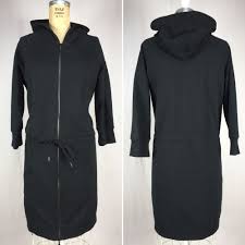Norma Kamali Size Large Black Sweatshirt Dress Kangaroo Pocket Hooded Drawstring Ebay Black Sweatshirt Dress Drawstring Sweatshirt Hooded Dress