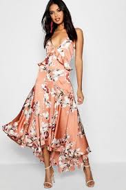 Boohoo Boutique Lo Floral Satin Ruffle Dip Hem Dress Trendy Dresses Summer Maxi Dress Floral Dresses Long
