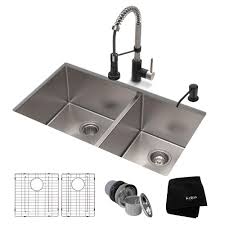 Kraus All In One Undermount Stainless Steel 33 In Double Bowl Kitchen Sink With Faucet In Stainless Steel Matte Black In 2019 Products Double Bowl Kitchen