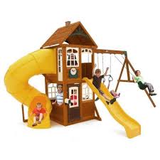 Cedar Summit Lewiston Retreat Wooden Playset F24954 The Home Depot Wooden Playset Wooden Swing Set Backyard Toys
