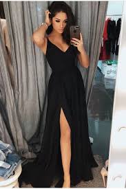 A Line Spaghetti Straps Long Black Satin Prom Dress With Split Simple Prom Dress Simple Prom Dress Long