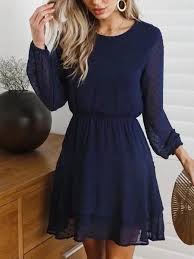 Round Neck Long Sleeve Casual Mini Dress Mini Dress Casual Navy Dress Outfits Long Sleeve Skater Dress