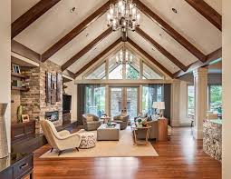 Upscale Living Room With Vaulted Ceiling Wood Flooring And Fireplace Vaulted Ceiling Living Room Rustic Living Room Design Beams Living Room