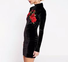 Red Rose Embroidered Velvet Little Black Dress Vintage Short Dress Long Sleeve Bodycon Dress Clothes For Women