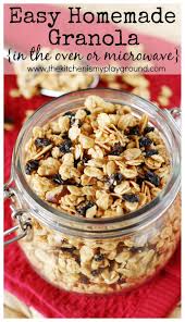 Easy Homemade Granola Made In The Oven Or The Microwave Www Thekitchenismyplayground Com Easy Granola Recipe Cheap Healthy Snacks Granola Recipe Homemade
