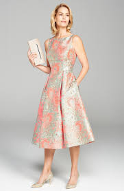 Peach And Sage Green Metallic Jacquard Fit Flare Dress Tea Length Mother Of The Bride Dress Af Women Wedding Guest Dresses Fit Flare Dress Fashion Dresses