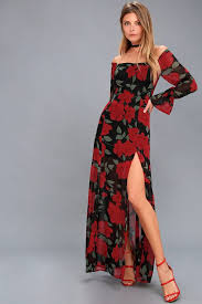 Final Rose Black Floral Print Off The Shoulder Maxi Dress Mod And Retro Clothing Long Black Floral Dress Red Dress Maxi Floral Dress Black