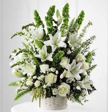 In Our Thoughts Funeral Flower Arrangement Of Assorted White And Green Flo Funeral Flower Arrangements White Flower Arrangements Artificial Flower Arrangements