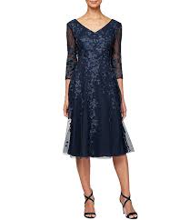 Alex Evenings Illusion Sleeve Embroidered V Neck A Line Midi Dress Petite Dresses Dresses With Leggings Dresses