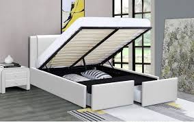 Lit Coffre Avec Tiroirs Simili Cuir Blanc Jorn 140x190 Cm Lestendances Fr Lit Coffre Lit Coffre 140x190 Modele De Lit