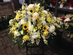 Funeral Basket Sunflowers Yellow Roses Mini Roses White Football Mums Calla Lilies Stock Monte Casino Yellow Roses Funeral Basket Mini Roses
