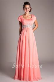 Modest Empire Waist Long Coral Chiffon Beaded Prom Dress With Sleeves Prom Dresses With Sleeves Empire Waist Prom Dresses Modest Formal Dresses
