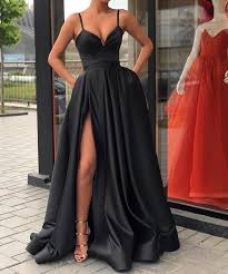 Vintage A Line Sweetheart Spaghetti Straps Black Satin Split Long Prom Dresses Elegant Evening Dresses Pd1124001 Satin Prom Dress Satin Evening Dresses Split Prom Dresses