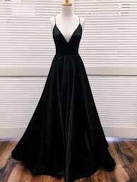 Simple A Line V Neck Black Satin Long Prom Dresses Black Formal Dresses Evening Dresses Spaghetti Strap Prom Dress A Line Prom Dresses Black Evening Dresses