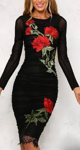 Black See Through Lace Details Rose Embroidery Pattern Long Sleeved Midi Dress Long Sleeve Navy Midi Dress Long Sleeve Midi Dress Dresses
