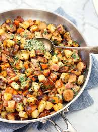 Sausage Potato Hash With Herb Dressing A Sausage Hash Using Leftover Cooked Sausages With A Fresh Herb And Mustard Dres Potatoes Potato Hash Sausage Potatoes