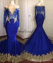 Royal Blue Evening Mermaid Dresses 2019 New Long Sleeve Floor Length Deep V Neck Black Girl Prom Gown Prom Dresses Blue Cream Prom Dresses Mermaid Prom Dresses