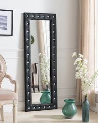 Upholstered Contemporary Floor Standing Mirror Crystal Buttons 63 H X 22 W Black Blue Silver Blue Transitional Decor Floor Standing Mirror Decor