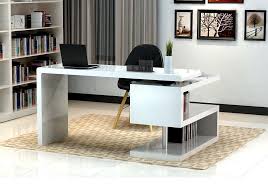 White Glossy Finished Office Desk With S Shaped Bookcase Crafted In A White Lacquer Finish Thi Modern Home Office Desk Office Table Design Modern Office Desk