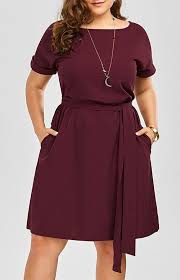 Plus Size Belted Knee Length Dress With Pockets Maxi Dress Cocktail Fashion Women Cheap Dresses