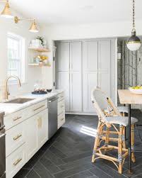White Grey Brass Kitchen With Herringbone Tile Floor Flooring Ms International Slate Home Depot Dark Kitchen Floors Kitchen Flooring Herringbone Tile Floors