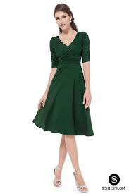 Dark Green V Neck 3 4 Sleeve High Stretch Short Casual Dress Casual Cocktail Dress Cocktail Dresses With Sleeves Short Dresses Casual