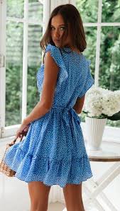 Floral Print Dress Casual Cute Solid V Neck Dalmatian Ruffle Trim Tie Boho Beach High Waist Mini Dresses Backless Dress Short Ladies Mini Dresses Short Dresses