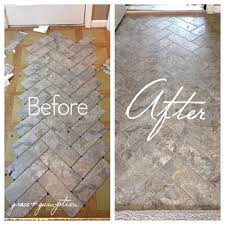 Diy Herringbone Peel N Stick Tile Floor Before And After By Grace Gumption Stick On Tiles Diy Flooring Flooring