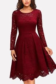 Dark Red Long Sleeve Round Neck Casual A Line Lace Dress Lace Dress Casual Dark Red Dresses Lace Dress