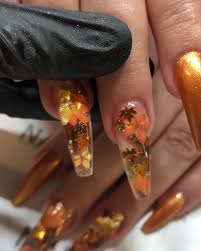 Autumn Leaves In 2020 Fall Acrylic Nails Coffin Nails Designs Pretty Acrylic Nails