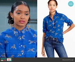 Zoey S Blue Zebra Print Shirt On Black Ish Outfit Details Https Wornontv Net 70069 Blackish Fashion Tv Denim Women J Crew Outfits