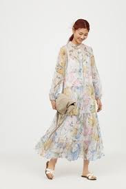 Patterned Chiffon Dress White Floral Ladies H M Gb Model Pakaian Kasual Pakaian